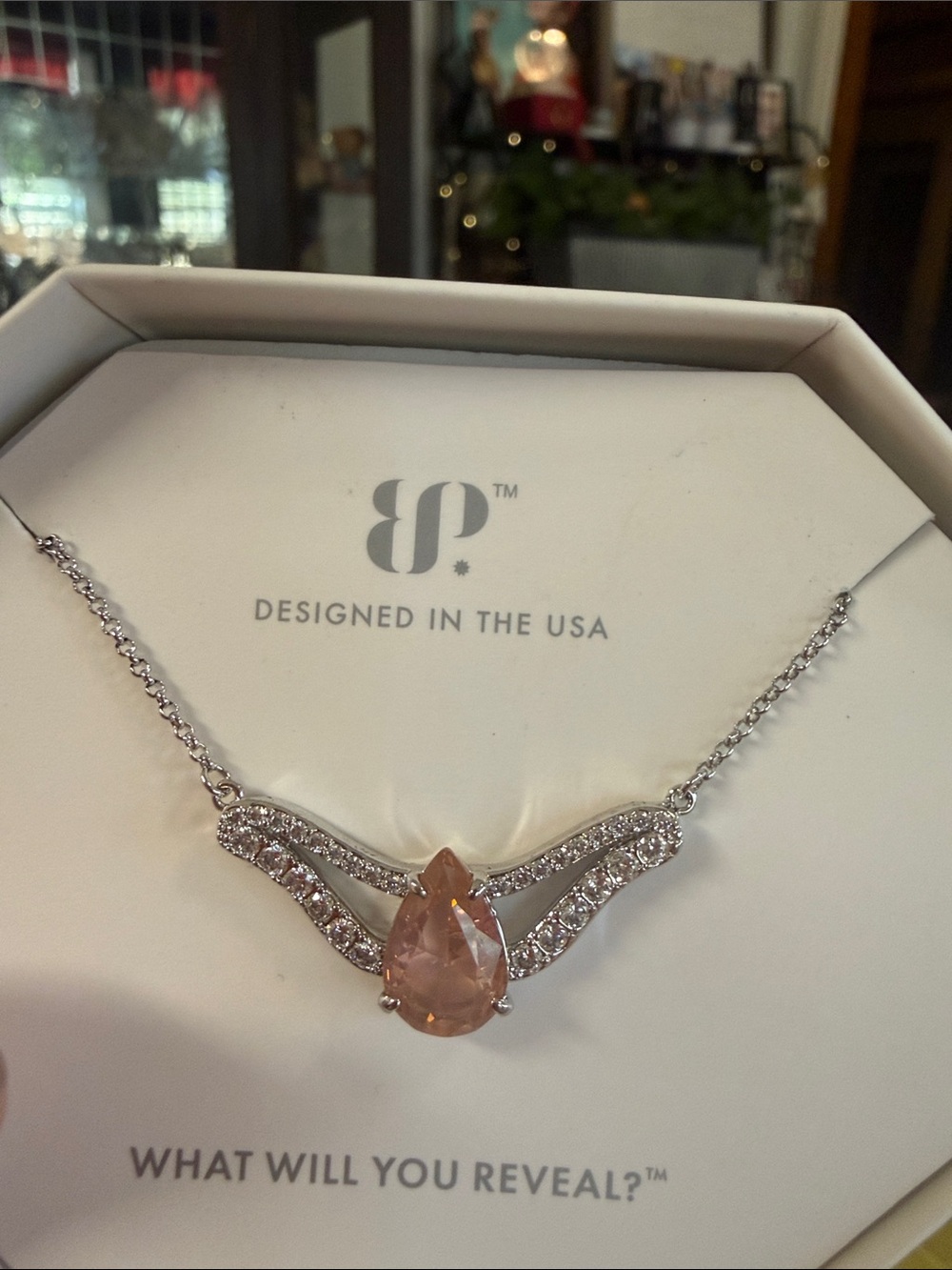 JP Designed In The USA Silver Necklace with Peach Teardrop Crystal